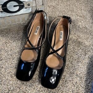 Bibi Lou Black Patent Leather Mary Jane Heels Cross Strap Block Heel Size 40/9